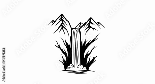 Stylized black and white illustration of a waterfall cascading down mountains into a pool