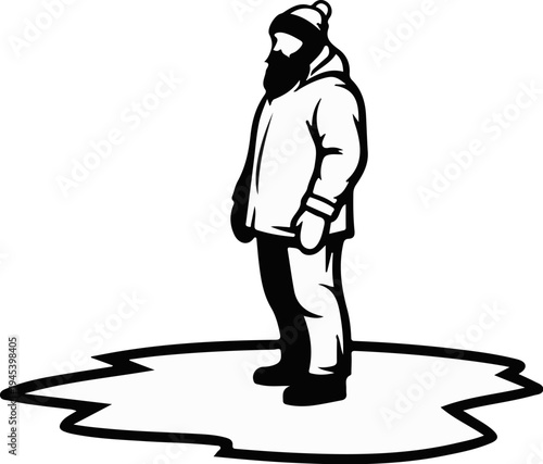 Stylized illustration of a person in winter attire standing on ice