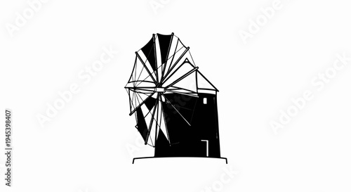 Stylized black and white illustration of a traditional windmill with large sails against a white background