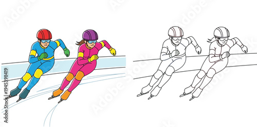 Vector illustration of two speed skaters racing on ice track, featuring colorful design and black and white line art for coloring book.