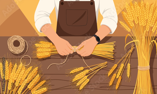 Farmer Tying Wheat Sheaf with Twine