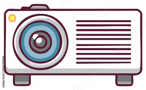 Cartoon illustration of a white projector with blue and gray lens and legs