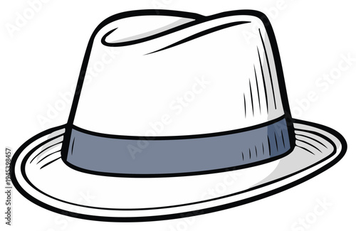 White fedora hat illustration, stylish headwear, flat design, isolated