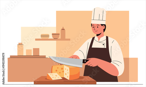 Chef Cutting Cheese Wheel on Wooden Board