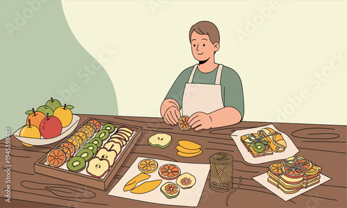 Worker Preparing Dried Fruit Slices on a Table
