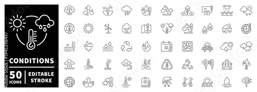 Weather conditions outline icon set with thin line editable stroke for climate symbols