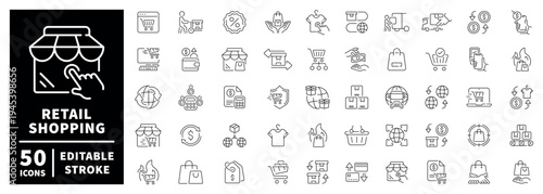 Retail shopping outline icon set: editable stroke thin line pictograms for online store and delivery