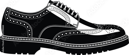 Classic Mens Brogue Shoe Vector Illustration Featuring Detailed Perforations and Wingtip Design for Formal Fashion Footwear and Stylish Apparel Concepts