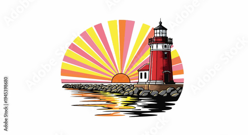 Stylized illustration of a red lighthouse on a rocky shore against a sunset