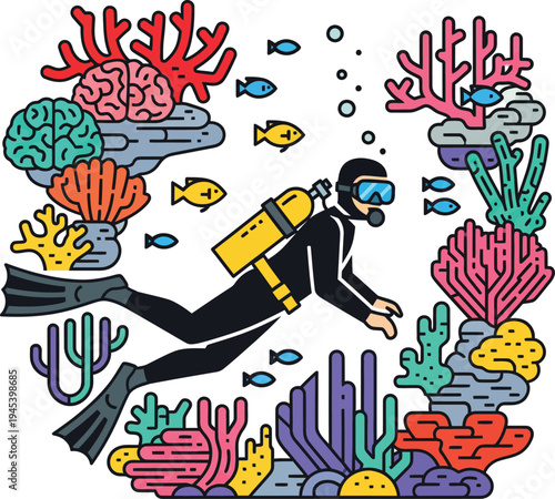 Scuba diver exploring vibrant coral reef ecosystem underwater.