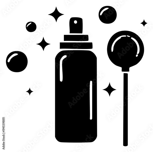 Cleaning spray bottle and bubble wand with sparkles and bubbles hygiene concept icon