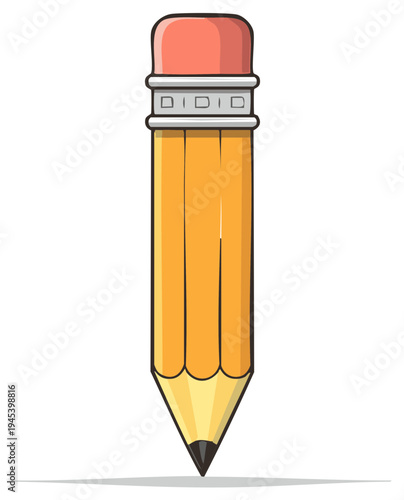 Cartoon illustration of a yellow pencil with an eraser tip. Isolated on white.