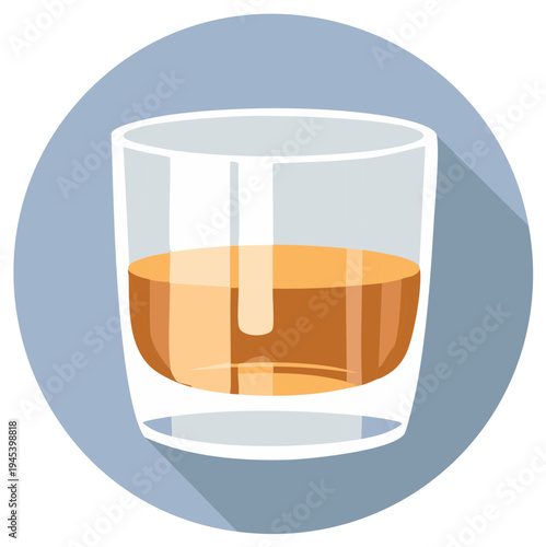 Illustration of a tumbler glass filled with amber liquor, set against a blue circular background with a long shadow creating depth