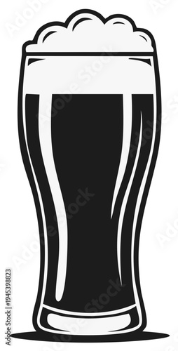 Classic pint glass filled with frothy beer black and white vector illustration icon