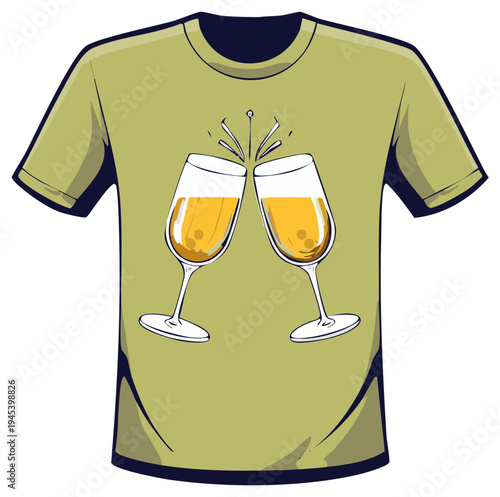 Festive Cheers T Shirt Graphic with Two Clinking Champagne Flutes and Sparkling Liquid Design