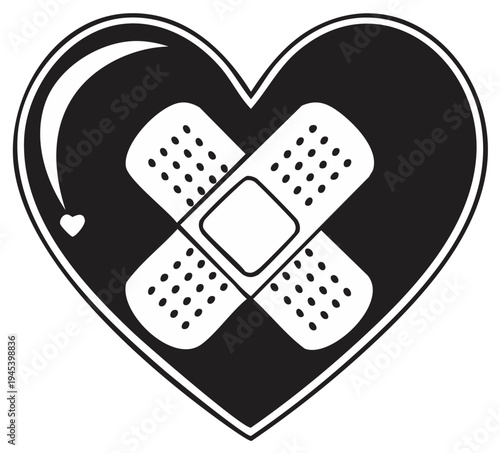 Heart Shape with Bandages Cross, Care Symbol in Black and White Design