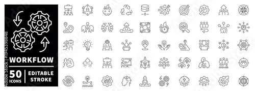 Workflow outline icon set: thin line symbols with editable stroke for process management