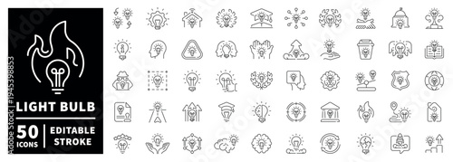 Light bulb linear icon set with editable stroke: innovation and ideas in thin line style