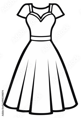Illustration of a classic dress design in black outline with detailed bodice and flared skirt.