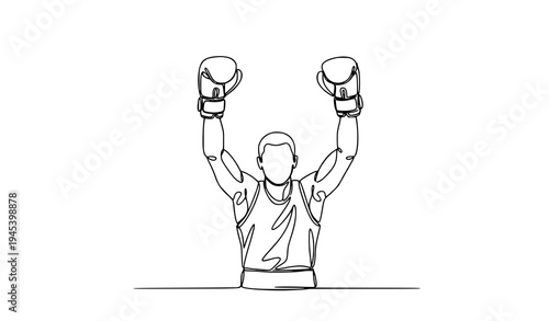 One continuous line drawing victorious boxer raising gloves minimalist sports logo vector illustration