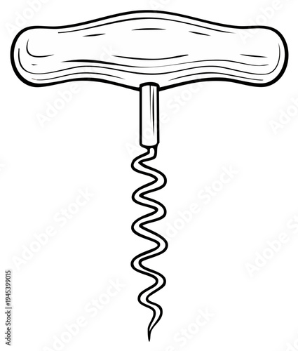 Hand-Drawn Corkscrew Illustration for Wine Bottle Opening, Tool for Wine Connoisseurs, Bar Equipment, and Kitchen Accessories