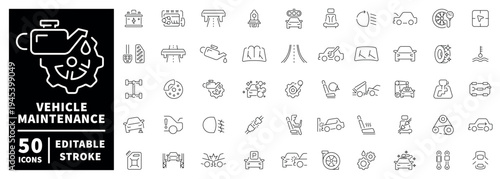 Vehicle maintenance outline icon set: editable stroke thin line symbols for auto care