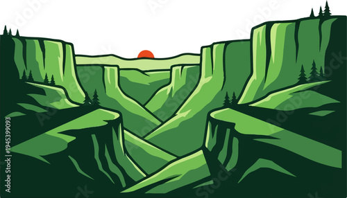 Stylized green canyon landscape with a setting sun and scattered pine trees