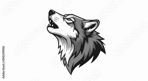 Stylized grey wolf head howling upwards with piercing yellow eyes