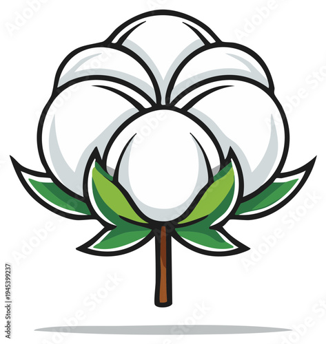 Stylized cartoon cotton plant boll with green leaves and a brown stem isolated on white