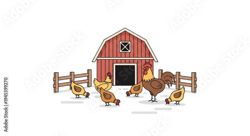 Farm Vector Illustration with Chickens, Rooster, and Barn in Fenced Yard
