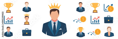 Professional achievement icons with suit and crown – Perfect for corporate goal setting, leadership seminars, or management strategy content.