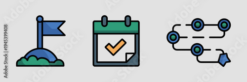 Business milestone icons with flag and roadmap – Ideal for project management tools, strategic planning presentations, or startup growth blogs.