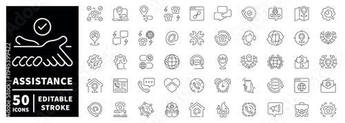 Assistance outline icon set: editable stroke, linear thin line pictograms for support services
