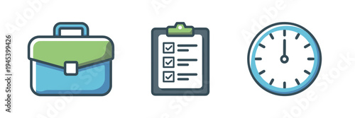 Work productivity icons with briefcase and clock – Ideal for time management blogs, remote work guides, or office efficiency training.