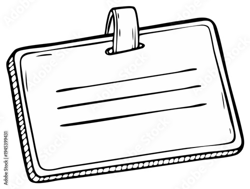 Outline illustration of a blank identity badge with lines for personalization, name tag design, vector