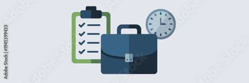Business success symbols with checklist and briefcase – Great for professional organization tips, task management apps, or career advice content.