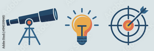 Vision and success icon set with telescope and idea bulb – Ideal for innovation coaching, goal setting apps, or business strategy.