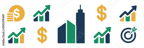 Business success symbols with city building and profit arrow – Suitable for entrepreneurship guides, urban development, or wealth management.