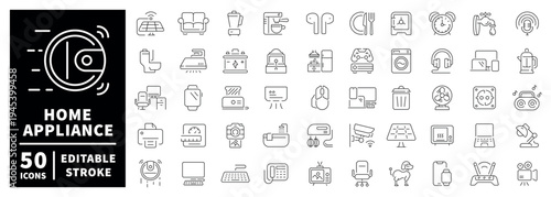 Home appliance outline icon set with editable stroke in modern thin line style
