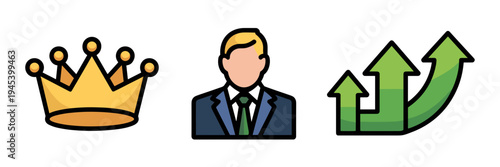 Business leader icons with crown and growth arrows – Suitable for mentor programs, high-achiever recognition, or corporate influence.