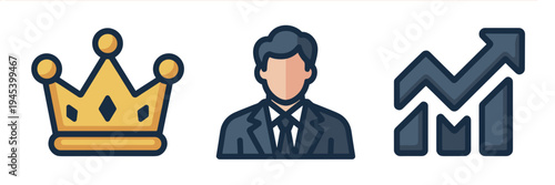 Corporate leadership icons with crown and executive silhouette – Ideal for management training, CEO branding, or authority coaching.
