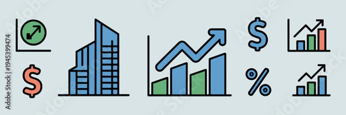 Business growth icons with skyscraper and profit graph – Ideal for corporate finance reports, real estate growth, or economic blogs.
