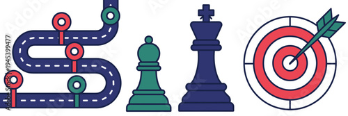 Strategic roadmap and target icon bundle – Suitable for marketing plan visuals, corporate vision boards, or management tools.