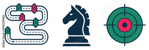 Strategy and planning symbols with roadmap and chess piece – Perfect for long-term goals, decision making, or business pathing.