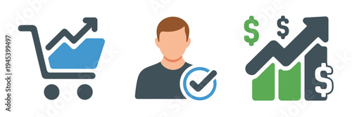 Sales success icons with shopping graph and profit arrow – Ideal for retail analytics, e-commerce reports, or business growth.