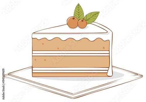Hand-drawn illustration of a delicious slice of layered cake with white frosting and a berry garnish on a plate.