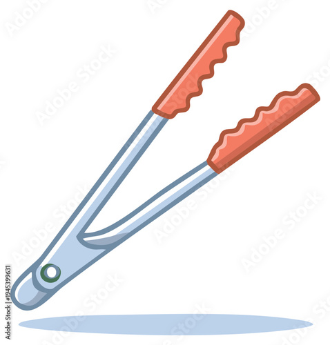 Illustration of kitchen tongs with red rubber grip, chrome utensil used for food handling in cooking.