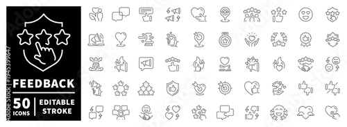 Feedback outline icon set: editable stroke, thin line symbols for review and evaluation