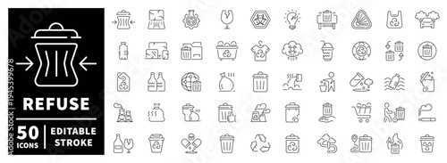 Waste management outline icons set: editable stroke in thin line style