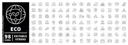Eco icon set: outline editable stroke icons with thin line style for sustainability